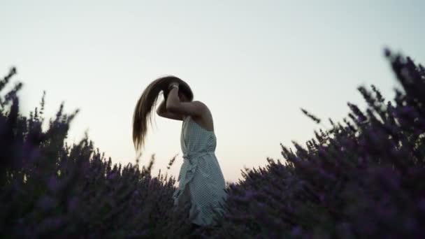 Woman Tosses Hair Lavender Slow Motion — Vídeos de Stock