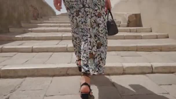 Woman Heels Climbs Bridge Venice Stumbles — Stock Video