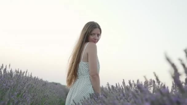 Woman Smiles Evening Lavender — Vídeos de Stock
