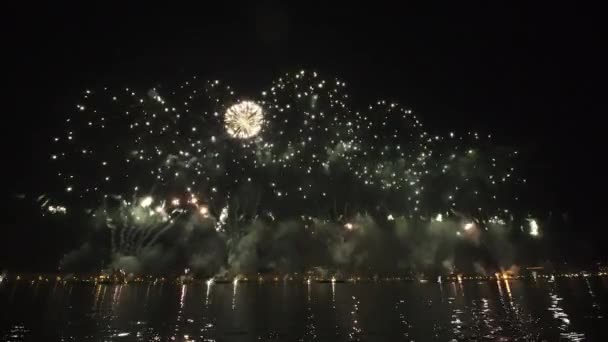 Impressive Fireworks Burst Air Spreading Smoke City Night Traditional Celebration — Vídeo de stock