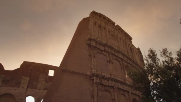 Trees Silhouettes Ancient Colosseum Rome Cloudy Sky Sunset Historical Amphitheater — Wideo stockowe