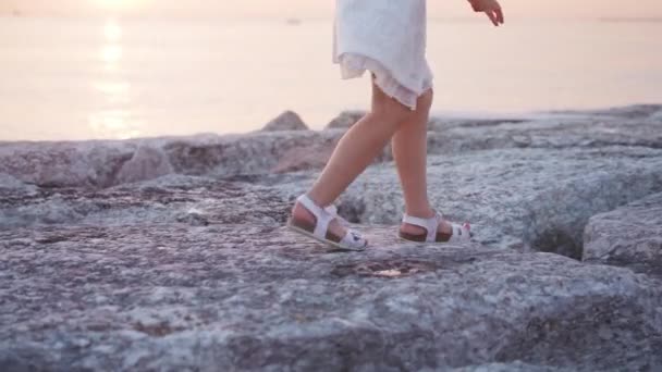 Legs Little Girl Running Slow Motion Stones Dam Slow Motion — Vídeo de Stock