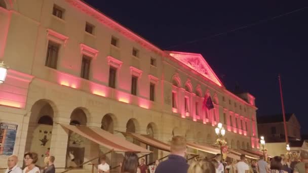 日积月累 意大利 2022年8月18日 人们在黑暗的夜空下 带着粉红的灯光走在建筑物附近的街道上 8月18日在Chioggia庆祝Marciliana节 — 图库视频影像