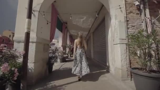 Kvinna Går Genom Gatorna Venedig Arkaderna Palatset Vattnet — Stockvideo