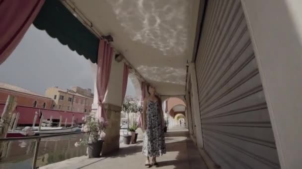 Mujer Observa Reflejos Del Agua Las Paredes Del Palacio Veneciano — Vídeos de Stock