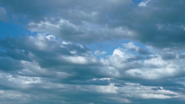 Donkergrijze Pluizige Witte Wolken Drijven Heldere Blauwe Lucht Bij Zonnig — Stockvideo