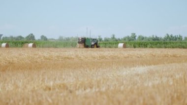 Ağustos 2021. Yazın güneşin altında ekili tarlalarda saman yığınları işleniyor.