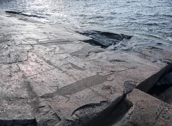 Antiguos Petroglifos Lago Onega Kaleria Capa Nariz Del Diablo —  Fotos de Stock