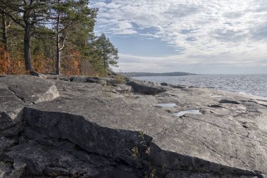 Onega Gölü 'nün güzel manzarası. Rusya.