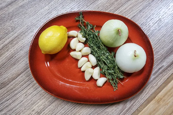 Verschillende Voedselingrediënten Close Van Gezond Voedsel Een Houten Tafel Keuken — Stockfoto