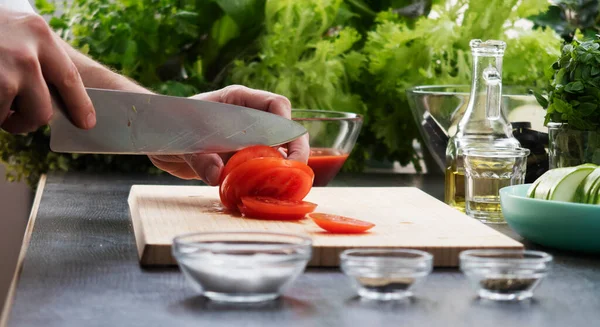 Close Male Hands Preparing Food Interior Kitchen Preparing Healthy Organic — Foto Stock