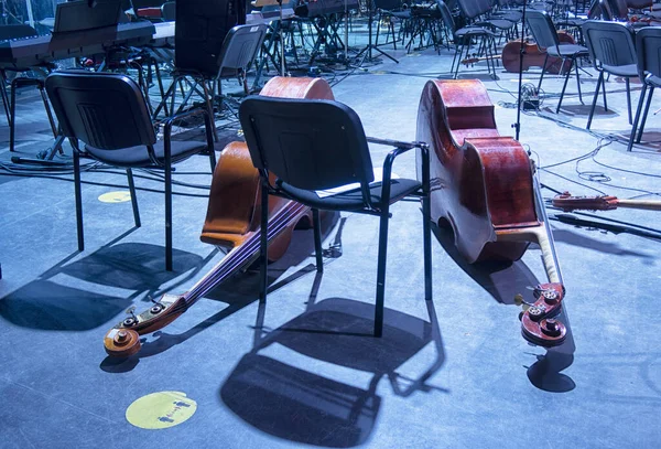 Μουσικά Όργανα Δύο Κοντραμπάσο Λαθρεμπόριο Βρίσκονται Στην Αίθουσα Ορχήστρας Εκκρεμότητα — Φωτογραφία Αρχείου