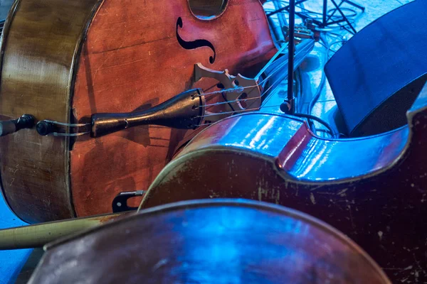 Musical Instruments Two Double Bass Contrabass Orchestra Room Pending Musicians — Stock Photo, Image