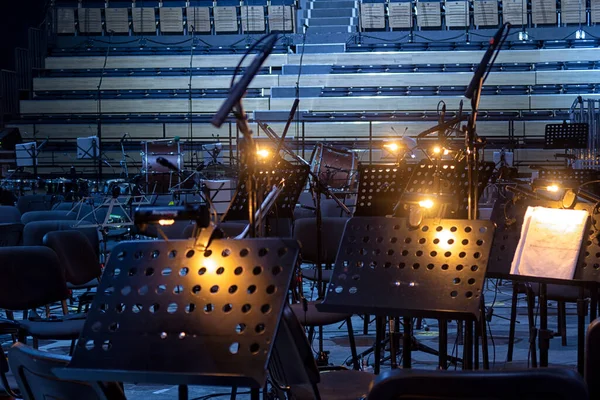 Musical Instruments Music Stands Orchestra Room Pending Musicians Rehearsal — Stock Photo, Image