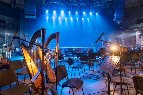 Musical Instruments Music Stands Orchestra Room Pending Musicians Rehearsal — Stock Photo, Image