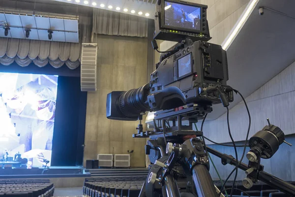 Configuração Preparação Câmera Vídeo Antes Evento Teatro Palco Sala Concertos — Fotografia de Stock