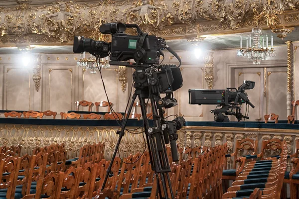 Configuração Preparação Câmera Vídeo Antes Evento Teatro Palco Sala Concertos — Fotografia de Stock