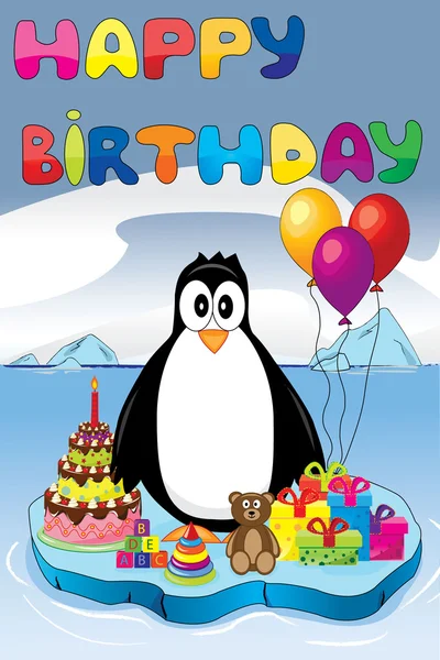 Penguin on ice with birthday gifts and cake — Stock Vector