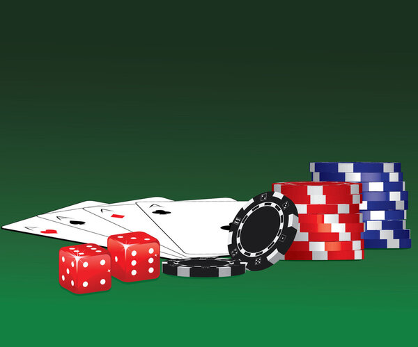 Casino chips, dices and playing cards over green background