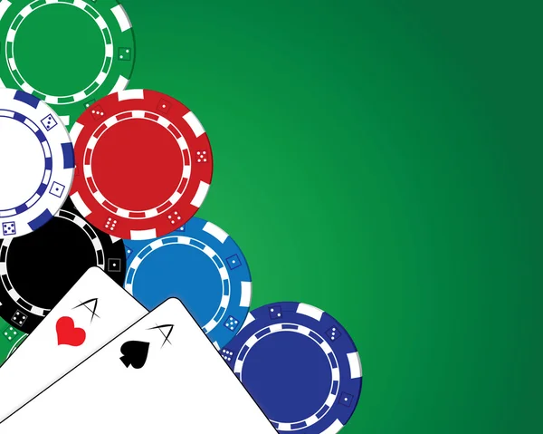 Hrací karty a poker žetony nad zeleným pozadím — Stockový vektor