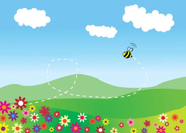 Prado com abelha voadora e montanhas no fundo Gráficos Vetores