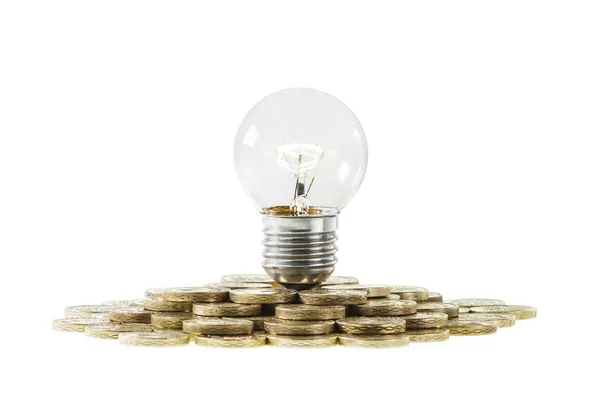 Research Funding Concept Light Bulb on Pile of Coins — Stock Photo, Image