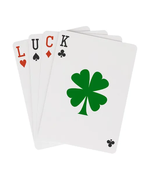 Palavra LUCK jogando cartas com sorte trevo folha Clipping Path — Fotografia de Stock