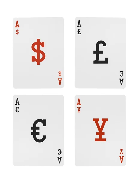 Foreign Exchange Playing Cards Aces Dollar Euro Pound Yen Symbol — Stock Photo, Image