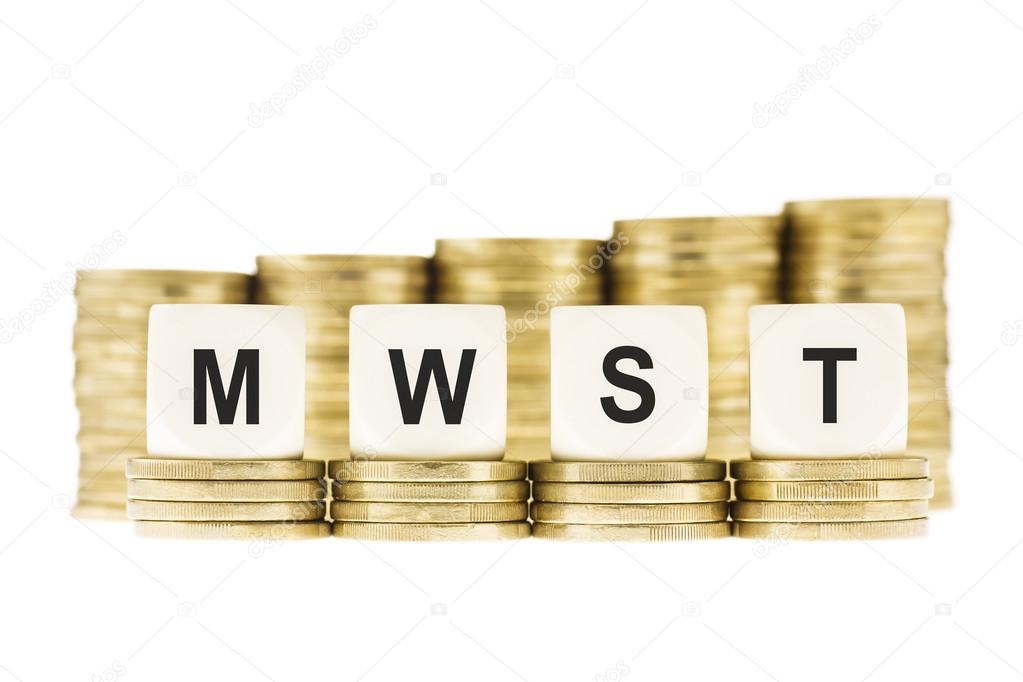 MWST (Value Added Tax) on Piles of Gold Coins with a White Backg