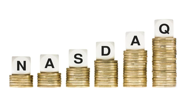 NASDAQ Stock Exchange Letters on Stacks of Gold Coins — Stock Photo, Image