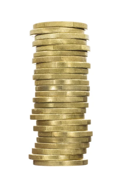Crooked Stack de moedas de ouro brilhantes isoladas em branco — Fotografia de Stock
