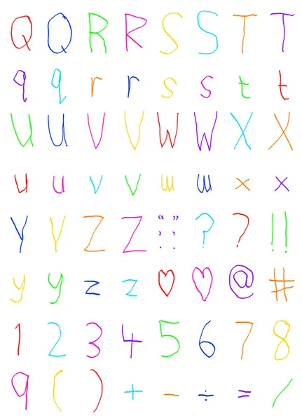 Childs Handwriting Alphabet Letters Q to Z Numbers and Symbols — Stock Photo, Image