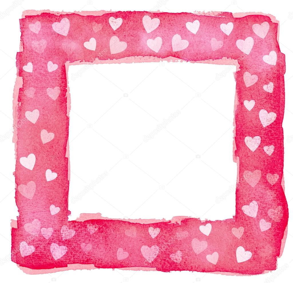 Abstract Pink Red and White Watercolor Hearts Square Frame Borde