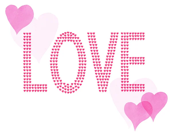 Word Love Little Watercolor Painted Red and Pink Hearts — Stock Photo, Image