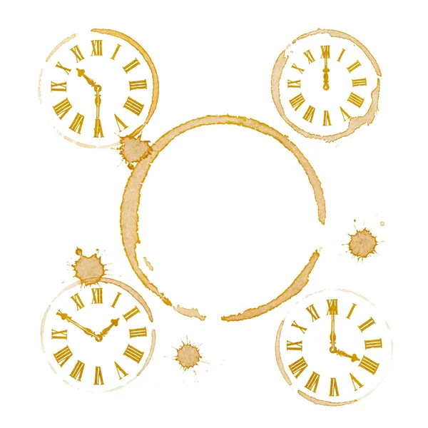 Coffee Tea Time Ring Stains and Clocks — Stock Photo, Image