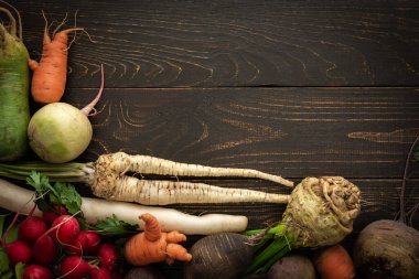 Ahşap arka planda kök sebzeler pancar, maydanoz, havuç ve organik çiftlik sebzeleriyle farklı turplar.