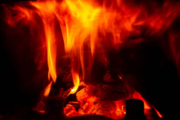 Burning Wood Home Fireplace Red Flames — Stock Photo, Image