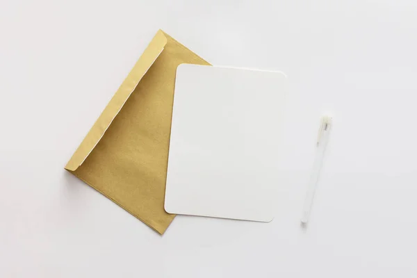 Craft Envelope Blank Paper Pen Greeting Card Invitation Mockup Top — Stock Photo, Image