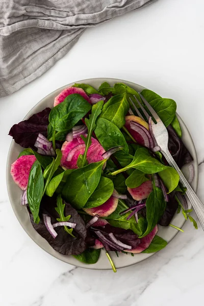 Salată Salată Verde Amestecată Ceapă Roșie Ridiche Margelan Într Farfurie — Fotografie, imagine de stoc