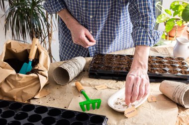Domates tohumlarını plastik formlara ekme süreci ve turba çevre dostu formlar, toprak, mala ve tırmıkla dolu bir çanta, bahçeye iş ekme hazırlığı, bir adam evde tohum ekiyor.