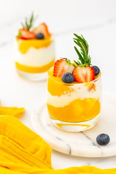 Delicious Healthy Breakfast Mango Smoothie Natural Yogurt Blueberries Strawberries — Stock Photo, Image