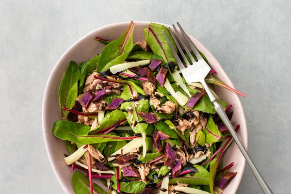 Beetroot Leaves Chard Canned Tuna Baked Purple Sweet Potato Mozzarella — Stock Photo, Image