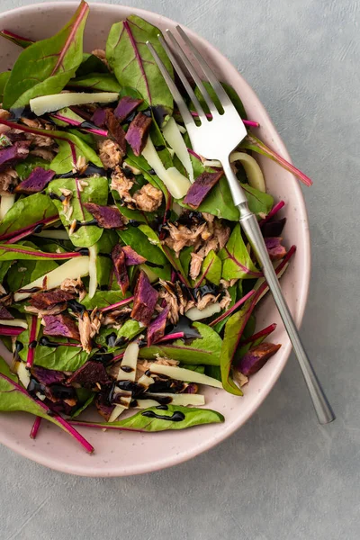 Beetroot Leaves Chard Canned Tuna Baked Purple Sweet Potato Mozzarella — Stock Photo, Image