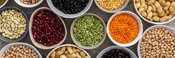 Banner of different types of legumes in bowls, green with yellow peas and mung beans, chickpeas and peanuts, colored beans and lentils, top view