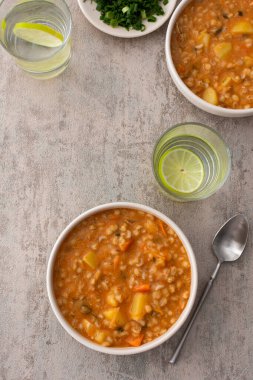 Arpa ve lahana turşulu çorba, masanın üstünde yemek, lezzetli sağlıklı öğle yemeği, Rus mutfağı.