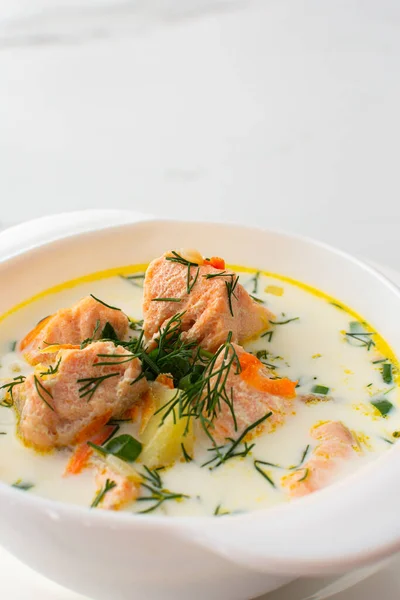 Norwegian Red Salmon Fish Soup Vegetables Herbs Cream Bowl Soup — Stock Photo, Image