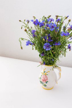 Güzel bir yaz, Centaurea, bir vazonun içinde, iç kısımlarının bir parçası olan bir vazoda üç çiçek.