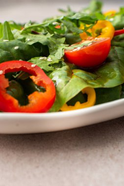 Pembe arka planda oval bir tabakta taze çiftlik sebzeleri salatası, sitya marul ve bahçe, domates ve renkli dolma biber, roka ve susam tohumları.