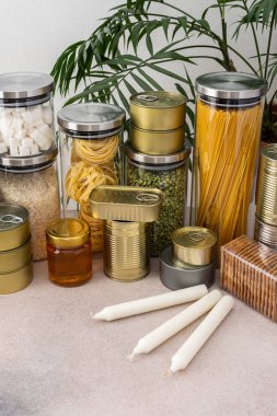 Necessary products for the period of the pandemic or famine or quarantine and isolation, food stock, the concept of stay at home, donated products, grocery delivery