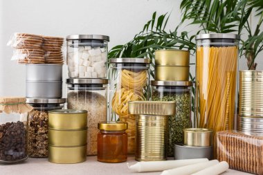 Necessary products for the period of the pandemic or famine or quarantine and isolation, food stock, the concept of stay at home, donated products, grocery delivery